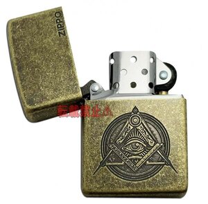 【新品未使用 送料無料】イルミナティ フリーメーソンジッポーライター Zippo エッチング 真鍮イブシバレルメッキジッポ 箱入り