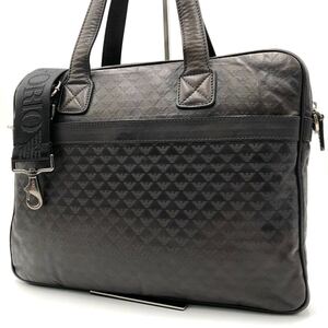 極美品●EMPORIO ARMANI エンポリオアルマーニ ビジネスバッグ ブリーフケース 2way ショルダー A4 イーグル ロゴ レザー ダークブラウン