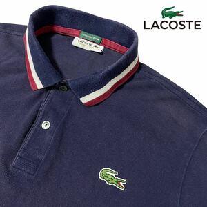 好配色●L相当【LACOSTE】極上コットン100% 鹿の子 半袖ポロシャツ ラコステ ロゴワッペン 濃紺/ネイビー 良品 一部フランスカラー