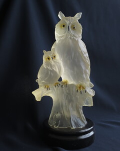 Vintage スペイン製フクロウの親子★すりガラス的な樹脂製★resin glass art sculpture owl ふくろう ヴィンテージ Spain 