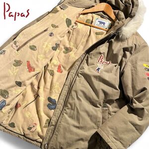 特大サイズ!! 極美品 ●PAPAS パパス ダウンコート ジャケット アウター ●フォックスファー フェザー ワッペン ベージュ オーバーサイズ L