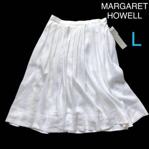 新品 MARGARET HOWELL マーガレットハウエル リネン100% ギャザータックフレア プリーツスカート 麻 膝丈 Lサイズ3 タグ付き 白ホワイト