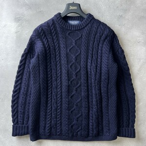 イギリス製 未使用級 GUERNSEY WOOLLENS ガンジーウーレンズ / クルーネック アラン ニット セーター フィッシャーマン メンズ M ネイビー