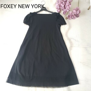 FOXEY NEW YORK シースルー切り替えAラインワンピース ブラック