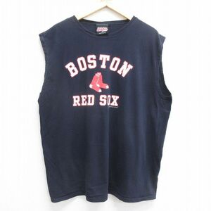 XL/古着 ノースリーブ ビンテージ Tシャツ メンズ 00s MLB ボストンレッドソックス 大きいサイズ コットン クルーネック 紺 ネイビー メジ