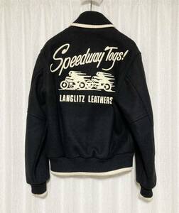 美品 [LANGLITZ LEATHERS×Dehen] Speedway Togs! レザー切替 ウールスタジャン ジャケット ブラック USA製 ディーエン ラングリッツレザー