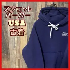 パーカー メンズ ネイビー M 刺繍 USA古着 90s 長袖 スウェット