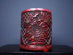 『館蔵珍品 漆器漆彫 剔紅 花卉紋 筆筒』置物 賞物 貴重物品 収蔵品 中国古美術