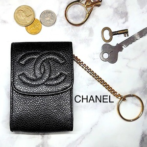 【美品】CHANEL シャネル キーケース ミニポーチ ココマーク ブラック 黒 キャビアスキン G金具 3番台 7桁 オールドシャネル 鑑定済