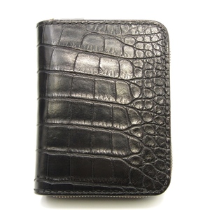 美品 no9ray silver&leather ナンバーナインレイ 二つ折り財布 アリゲーター ラウンドファスナーミドル ブラック 黒 24003088