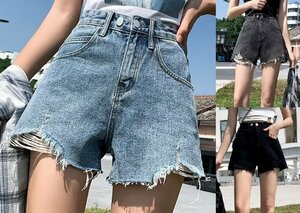 全4色 デニムショートパンツ ショーパン ジーパン ハイウエスト 切り替え 体型カバー 着痩せ デニム 【大きいサイズあり】 XL グレー