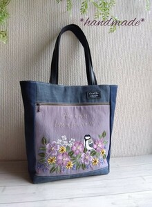 花と鳥の手刺繍* トートバッグ*岡山デニム＆コットンリネン*グレーパープル* ハンドメイド