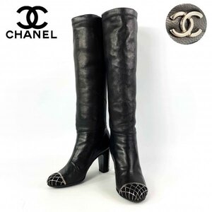 ★美品★ CHANEL シャネル ココマーク チャーム付き バックジッパー ヴィンテージ ニーハイブーツ ブラック 黒 36.5(23.5cm) イタリア製