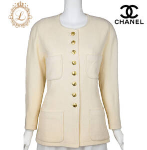 【返品可】CHANEL シャネル ココボタン ノーカラー ジャケット 40 アイボリー コート アウター 長袖 トップス ブランド アパレル