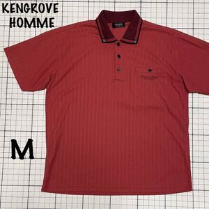 ケングローブオム【KENGROVE HOMME】半袖ポロシャツ ハーフボタン 鹿の子 ボタン付きポケット Mサイズ 縦柄 レッド×ブラック/赤黒 刺繍