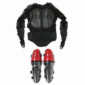 『セット4』バイクウェア ボディープロテクターセット XXLサイズ 長袖プロテクター(ブラック)＆ニールガード(レッド) 膝当て ひざ インナー