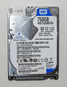 ★送料無料★ノート用 HDD 2.5インチ 750GB ★ 2563時間 ★ WesternDigital ★ WD7500BPVX ★ 管122