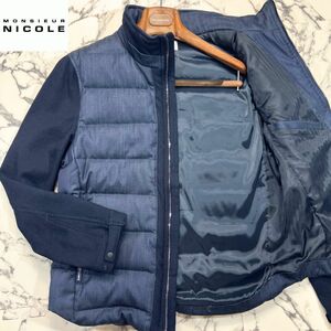 最高級ライン/異素材MIX 50(XL) ●MONSIEUR NICOLE ムッシュニコル 極美品 切替 デニム色 ダウンジャケット ネイビー インディゴ ブルゾン