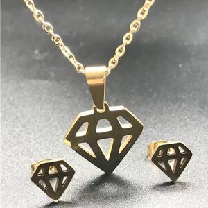 新品 ステンレス ダイヤモンド ジュエリーセット 2点セット ピアス ネックレス ゴールド 金 金属アレルギー ユニセックス ギフト　送料無料