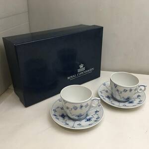 Y102806■Royal Copenhagen ロイヤルコペンハーゲン ブルーフルーテッド カップ＆ソーサー 2点 洋食器 陶磁器 陶器 ペア 紙箱入り■