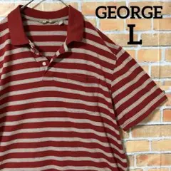 GEORGE ボーダー シンプル 半袖 ポロシャツ レッド トライカラー L