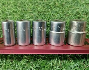 中古 不揃い SNAP-ON スナップオン 旧ロゴ 1/4 12角 ショートソケット MV10 MV11 MV12 MV14 MV16 (5/16，11/32，3/8，7/16，1/2) 5個セット