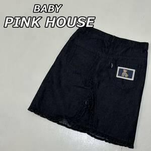 【BABY PINK HOUSE】ベビー ピンクハウス デニム ミニ スカート フリルデザイン ロゴ ベアー パッチ インディゴ P054-FS04