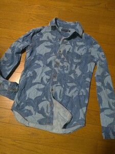 人気モデル★TETE HOMME テットオム 通年 長袖 USED加工★ボタニカル総柄　 デニム シャツ Sz.Ｍ　メンズ　