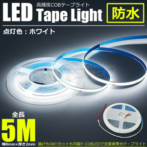 LED テープライト ホワイト 白 5m 24V 極薄 美点灯 COB 面発光 幅8ｍｍ 厚さ2ｍｍ 柔軟 防水 チューブライト トラック 船舶 / 146-222