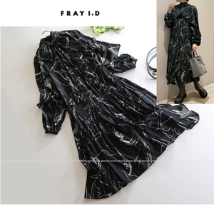 タグ付き新品♪FRAY I.D フレイアイディー★大人素敵♪ボウタイリボンプリントミディワンピース 総柄 ブラック 定価3.4万円