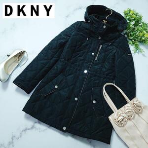 DKNY ダナキャラン キルティングコート ロング ジャケット ブルゾン 長袖 黒 ブラック S相当 フーディ フード 2way ジップ レディース