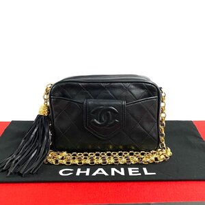 極 美品 シール有 1番台 CHANEL シャネル ヴィンテージ マトラッセ ココマーク ラムスキン フリンジ チェーン ショルダーバッグ 黒 38257