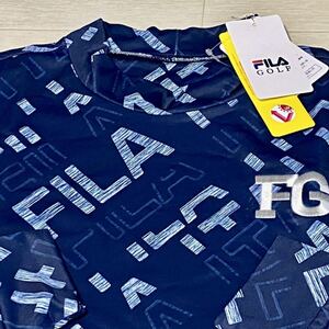 新品★FILA GOLF フィラ ゴルフ タイポグラフィプリント 総柄 裏起毛 保温 長袖モックネックシャツ★ネイビー★サイズL★送料185円