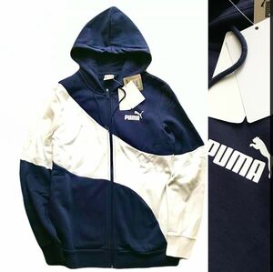 ◎038新品【メンズXXL】紺白 プーマ スウェット ゴルフにオススメ パーカー アップ ジャージ 裏起毛 PUMA POWER キャット スポーツウェア