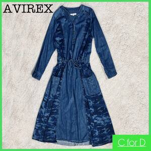 ★AVIREX★フリーサイズ デニム ロングワンピース アヴィレックス レディース ブルー ノーカラー Aライン ロゴ刺繍 カモフラージュ柄 T068