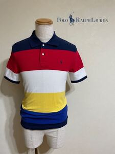 【良品】 Polo Ralph Lauren ポロ ラルフローレン ボーダー 鹿の子 ポロシャツ トップス ジュニアサイズL (14-16) 半袖 ネイビー赤白黄青