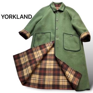 YORKLAND ヨークランド リバーシブル チェック コート 2way ロング ステンカラー ダブルフェイス 9号 圧縮ウール M-L グリーン ブラウン