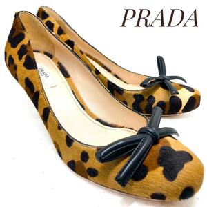 ☆即決・送料無料☆PRADA プラダ レオパード リボンパンプス ハラコ素材 24.5cm　革靴 カジュアル 本革 本皮 レディース