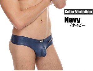 匿名発送　送料無料 メンズ下着 Tバック レザーパンツ モッコリ レザーTバック 男性下着 レザーテイスト H0045 ネイビー M