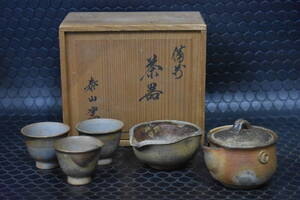 うぶ品　時代物　泰山窯　備前焼　煎茶器揃　宝瓶、湯冷、煎茶碗三客　共箱　煎茶道具　古美術品　