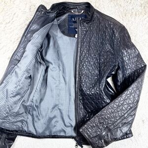 希少XL アルマーニジーンズ キルティング ジャケット フェード加工 ピッグスキン レザー ライダース メンズ 希少 ネイビー ARMANI JEANS 