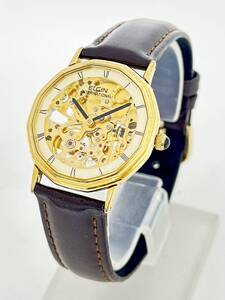 Z0417〇 1円～！ ELGIN エルジン FK-331 GP×革 手巻き ゴールド文字盤 両面スケルトン メンズ腕時計 稼働 動作確認済み