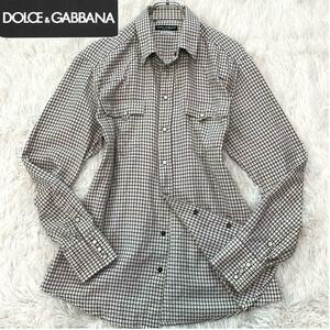 美品/2XL相当●DOLCE&GABBANA【千鳥柄/SICILIA◆長袖シャツ/ドレス/羽織】総柄 幾何学模様 美シルエット 洗える 白黒 ドルチェ&ガッバーナ