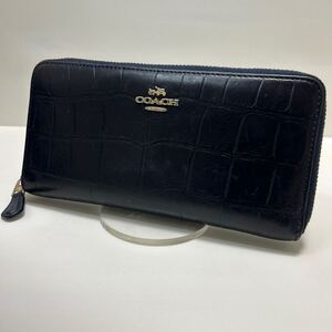 ◆COACH コーチ　ラウンドジップ 長財布　F54757◆　エンボスド クロコレザー　ホースキャリッジ ロゴ金具　ネイビー 【送料無料】1101