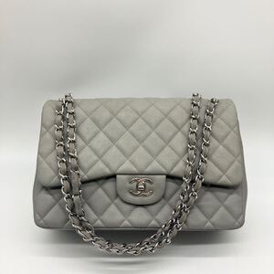 美品 CHANEL シャネル デカマトラッセ キャビアスキン チェーンショルダーバッグ ハンドバッグ グレー シルバー金具