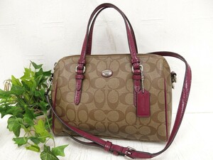 COACH コーチ◆シグネチャー F49862◆PVC レザー 本革◆2way ミニ ボストン ショルダー バッグ◆カーキ パープル系 SV金具◆超美品◆N8645