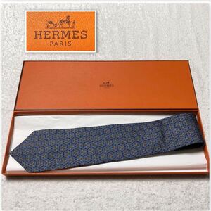 ■未使用品■HERMES エルメス　ネクタイ　クローバー　総柄　シルク100% フランス製　ブルー系　箱付き　ビジネス