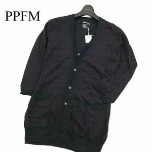 【新品 未使用】 PPFM ペイトンプレイス 秋冬 7分丈 ラメ ボーダー★ ニット カーディガン Sz.M　メンズ グレー　C2T08650_9#N