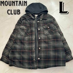 Mountain Club 重ね着風　パーカー×シャツ キルティングジャケット　アウター・上着　海外Lサイズ　ブラック・黒×グレー・灰色×レッド