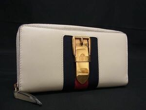 1円 ■美品■ GUCCI グッチ 476083・2067・ シェリーライン レザー ラウンドファスナー 長財布 ウォレット アイボリー系 AY8902